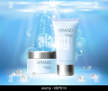 Feuchtigkeitsspendende Wirkung kosmetischer ad Vorlage. Aqua Wasser Splash drop 3d Detaillierte realistische Vector Illustration. Förderung der Banner blau marketing Hintergrund Stock Vektor