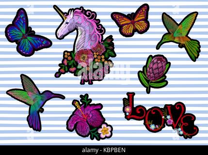 Set Aufkleber Abzeichen stickerei Patch. Einhorn Blume kolibri Schmetterling in der tropisch-exotischen Blume Blumen Symbol. Protea hibiscus Vektor-illustration col Stock Vektor