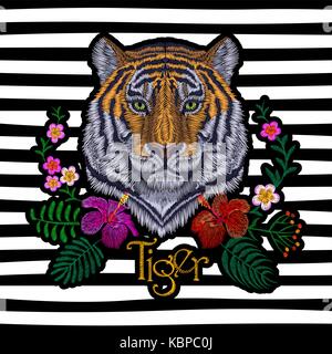 Tiger Kopf tropic Blume. Vorderansicht stickerei Aufnäher Aufkleber. Orange gestreift schwarz Wild Animal stitch Textur Textildruck. Dschungel logo Vektor illus Stock Vektor