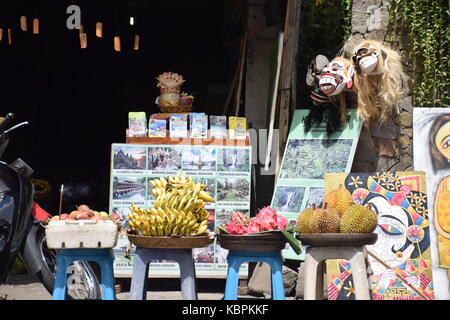 Lustige Objekte, Gemälde, Obst und Werbung vor einem Geschäft in Ubud, Bali - Indonesien Stockfoto