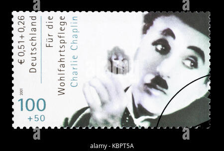 Von Deutschland ausgedruckte Briefmarke, auf der Charlie Chaplin zu sehen ist. Stockfoto