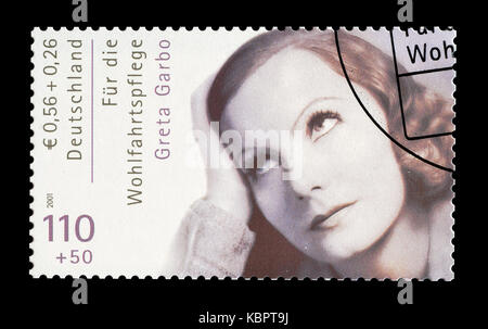 Von Deutschland ausgedruckte Briefmarke, auf der Greta Garbo zu sehen ist. Stockfoto