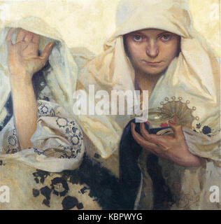 Alphonse Muchas Schicksal ist Teil einer Reihe von Werken, die als das slawische Epos bekannt sind. Dieses Kunstwerk stellt eine Schicksalsfigur im unverwechselbaren Jugendstilstil des Künstlers dar, der fließende Linien und lebendige Farben kombiniert und Themen des Schicksals und des menschlichen Zustandes symbolisiert. Stockfoto