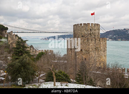 Rumelihisarı Festung in Istanbul, Türkei, auf einem Hügel auf der europäischen Seite des Bosporus. Stockfoto