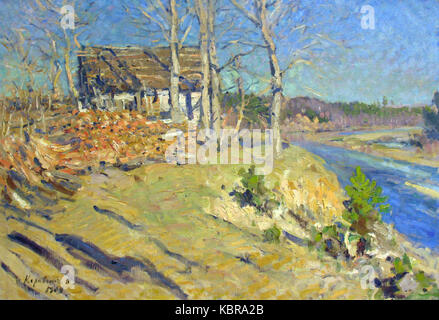 Dieses Gemälde von Konstantin Korovin mit dem Titel „Herbstlandschaft“ (1909) fängt die wechselnden Farben der Natur in der Herbstsaison ein. Die Arbeit betont die lebhaften Farbtöne des Herbstblatts und die jahreszeitliche Transformation der Landschaft. Stockfoto