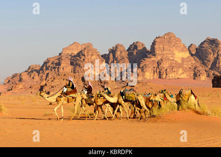 Beduinen mit Kamel caravane am Wadi Rum, Jordanien Stockfoto