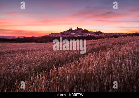 Olvera Panorama bei Sonnenuntergang. Olvera, Andalusien, Spanien. Stockfoto