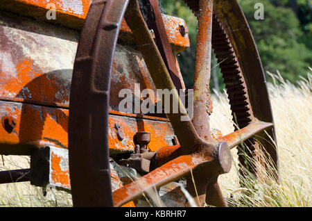 Alte, landwirtschaftliche Maschinen im Feld, Western Lake, Wairarapa, North Island, Neuseeland Stockfoto