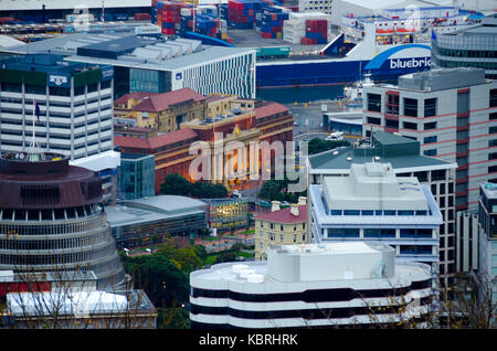 Bienenstock, Bahnhof, Bürogebäuden und Ferry Terminal, Wellington, Neuseeland Stockfoto