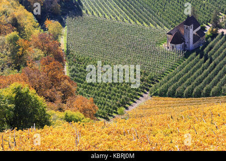 Blick auf St. Valentin Kirche im Herbst Farben umgeben. St. Valentin Kirche bei Labers, Meran, Vinschgau, Alto Adige/Südtirol, Italien, Europa Stockfoto