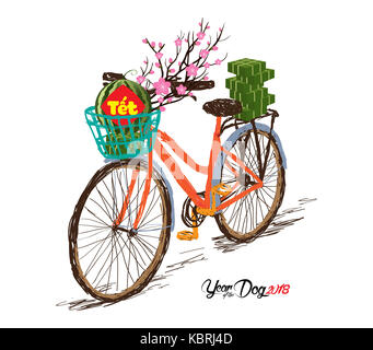 Gekochte square Klebreis Kuchen und Blume, Fahrrad. Vietnamesische neues Jahr. (Übersetzung von "Tết': Neujahrsfest) Stockfoto