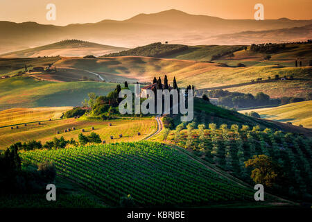 Val d ' Orcia, Toskana, Italien. Wunderbaren Sonnenaufgang über den grünen und goldenen Hügeln der toskanischen Landschaft Stockfoto