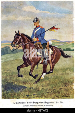 Das Bild zeigt Soldaten des 1. Badischen Drachenregiments Nr 20, einer Kavallerie-Einheit im deutschen Militär. Das Foto zeigt Militäruniformen und das historische Militärleben im frühen 20. Jahrhundert. Stockfoto