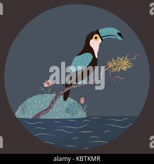 Toucan sitzen auf einem Ast mit Nest über dem Wasser. Vector Illustration Stock Vektor