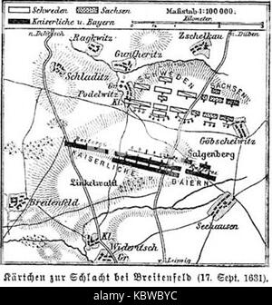 Eine Illustration, die die erste Schlacht bei Breitenfeld zeigt, ein bedeutender Konflikt während des Dreißigjährigen Krieges. Das Bild zeigt militärische Taktiken und historische Kriegsdetails aus dieser Schlacht aus dem 17. Jahrhundert. Stockfoto