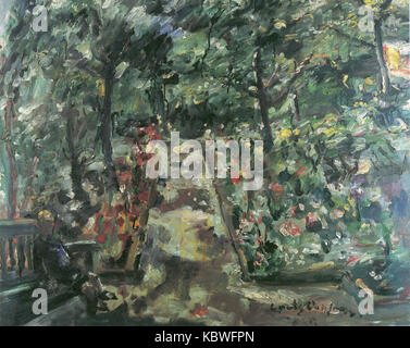 Dieses Kunstwerk von Lovis Corinth zeigt den Garten in Berlin Westend im Jahr 1925 und zeigt den Eindruck des Künstlers einer ruhigen Gartenszene mit charakteristischen Pinselstrichen und Aufmerksamkeit für die Natur. Stockfoto