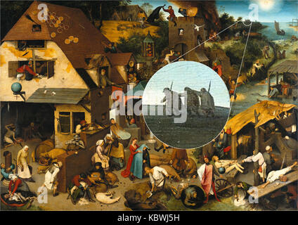 Dies ist eine detaillierte Ansicht der „Blinden Männer“ aus Pieter Bruegel dem Älteren Gemälde „niederländische Sprüche“. Es zeigt die komplizierten Figuren und die symbolische Bedeutung in Bruegels Werk. Stockfoto