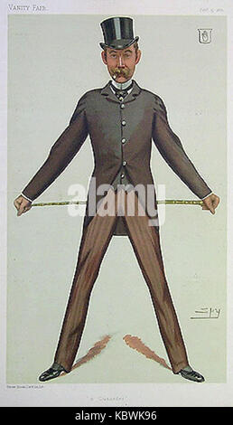 Ein Bild aus der Ausgabe der Vanity Fair vom Februar 1881 mit Sir Bache Cunard, einem prominenten britischen Geschäftsmann, der für seine Beteiligung an der Schifffahrt bekannt ist. Die Illustration zeigt Cunard in einem satirischen und künstlerischen Stil, charakteristisch für die humorvolle Interpretation zeitgenössischer Figuren. Stockfoto