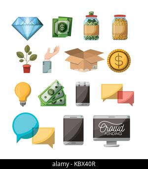 Crowdfunding Elemente Symbole in weißer Hintergrund Stock Vektor