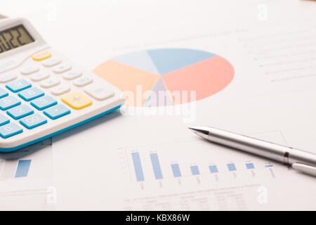 Jahresrechnung. Business-Grafik. Pen im Mittelpunkt. Geringe Schärfentiefe. Close-up. Stockfoto