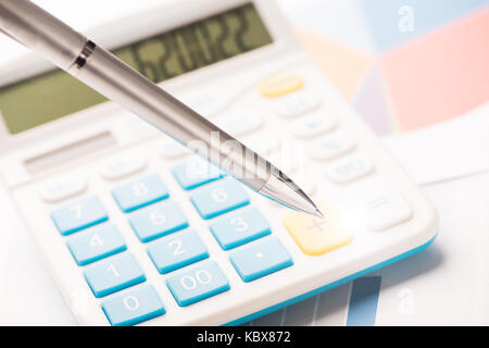 Jahresrechnung. Business-Grafik. Pen im Mittelpunkt. Geringe Schärfentiefe. Close-up. Stockfoto