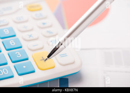 Jahresrechnung. Business-Grafik. Pen im Mittelpunkt. Geringe Schärfentiefe. Close-up. Stockfoto