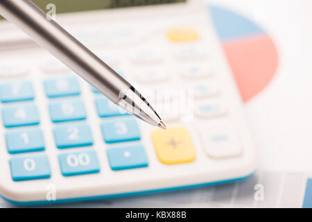 Jahresrechnung. Business-Grafik. Pen im Mittelpunkt. Geringe Schärfentiefe. Close-up. Stockfoto