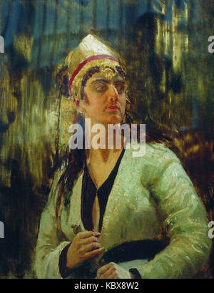 Ein Porträt des russischen Künstlers Ilja Repin, das eine Frau mit einem Dolch zeigt, möglicherweise ein angespanntes oder dramatisches Moment symbolisiert, mit komplizierten Details im Ausdruck und Kostüm, die die Intensität der Szene widerspiegeln. Stockfoto