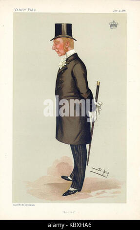 Ein Porträt von Hugh Cecil Lowther, veröffentlicht in Vanity Fair am 10. Juli 1886. Lowther, ein englischer Aristokrat und Sozialist, wurde in einem satirischen Stil dargestellt, der für die Illustrationen der Zeitschrift typisch ist. Stockfoto