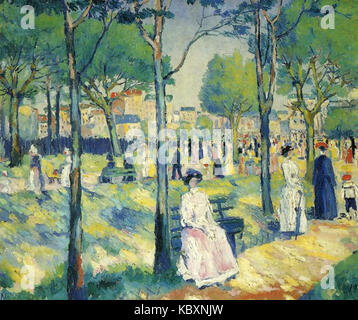 „On the Boulevard“ fängt eine geschäftige urbane Szene entlang einer breiten Straße ein, in der Fußgänger und Fahrzeuge durch eine lebhafte Atmosphäre fahren. Das Bild zeigt das Stadtleben und die pulsierende Energie einer öffentlichen Durchgangsstraße. Stockfoto