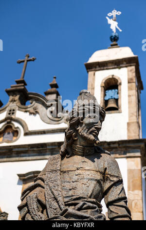 Speckstein Statue des Propheten Joel, die von Aleijadinho, Wallfahrtskirche Bom Jesus tun, Matosinhos, Congonhas, Minas Gerais, Brasilien. Stockfoto
