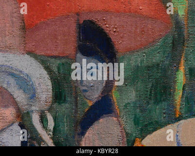 Dieses Gemälde von Emile Bernard mit dem Titel „Les Bretons aux Ombrelles“ (1892) zeigt Frauen aus der Bretagne, Frankreich, die traditionelle Trachten tragen und Sonnenschirme halten. Das Detail zeigt eine lebendige Darstellung der bretonischen Kultur und Mode des späten 19. Jahrhunderts. Stockfoto