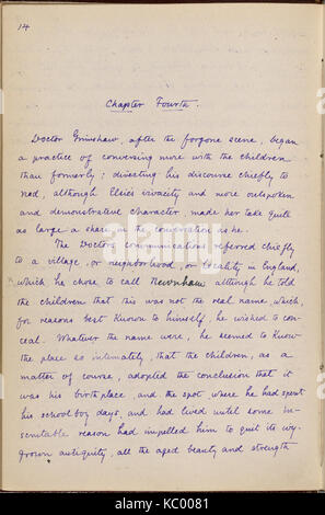 Dieses Manuskript enthält die ersten sieben Kapitel von Julian Hawthornes Werk, Doktor Grimshawe's Secret, ein unvollendeter Roman. Das Werk spiegelt Hawthornes Erzählstil wider und verbindet Themen aus Mysterium und psychologischer Erforschung. Stockfoto