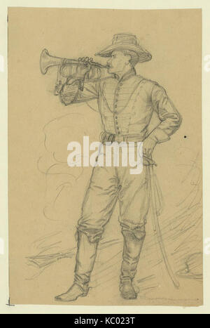 Das Bild zeigt einen Bugler, der wahrscheinlich eine zeremonielle oder militärische Pflicht ausübt. Buglers spielten eine Schlüsselrolle bei der Signalisierung und Kommunikation innerhalb von Militäreinheiten, die in der Vergangenheit zur Übermittlung von Befehlen oder Warnungen verwendet wurden. Der Bugle ist ein ikonisches Instrument in der militärischen Tradition. Stockfoto