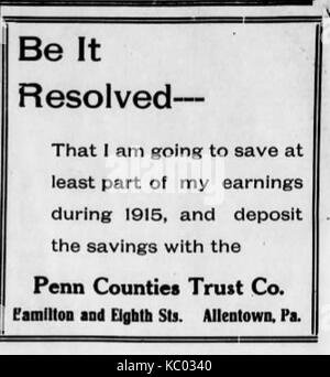 1915 Penn Grafschaften Treuhandgesellschaft Zeitung Anzeige 2 Allentown PA Stockfoto