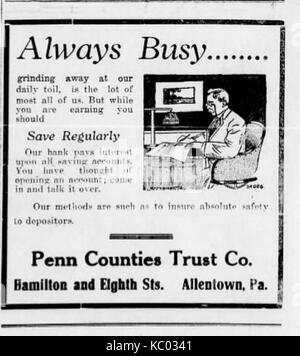 1915 Penn Grafschaften Treuhandgesellschaft Zeitung Anzeige 4 Allentown PA Stockfoto