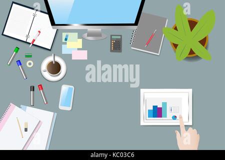 Ansicht von oben in der Tabelle. Finger berührt Tablet mit wirtschaftlichen Graph. Stock Vektor