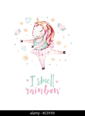 Cute aquarell Einhorn clipart isoliert. Baumschule Einhörner Abbildung. Prinzessin Einhörner Poster. Trendy wunder Rosa cartoon Pferd. Stockfoto