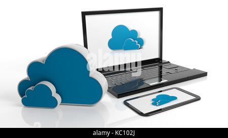 Cloud online storage Symbole mit Notebook und Tablet-PC, isoliert auf weißem Stockfoto