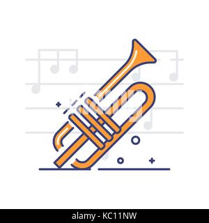 Vektor Icon der Trompete auf weißem Hintergrund mit Noten. Musikinstrumente und Equipment Thema. Stock Vektor