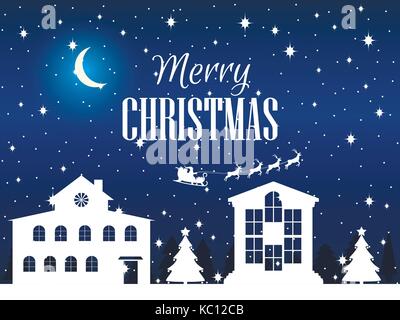Frohe Weihnachten. Winter Landschaft mit Häusern, Tannen und Schneeflocken. xmas Hintergrund. Vector Illustration. Stock Vektor