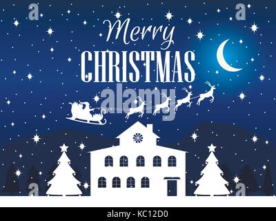 Frohe Weihnachten. Winter Landschaft mit Häusern, Tannen und Schneeflocken. xmas Hintergrund. Vector Illustration. Stock Vektor