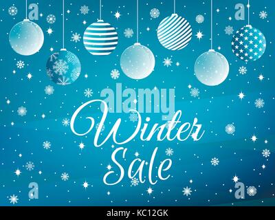 Winter Sale. Hintergrund mit Weihnachtskugeln und Schneeflocken. Vector Illustration. Stock Vektor