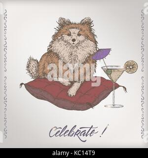 Romantische Farbe vintage Geburtstagskarte Vorlage mit Kalligraphie, Hund auf ein Kissen und ein Cocktail Glas Skizze. Stock Vektor