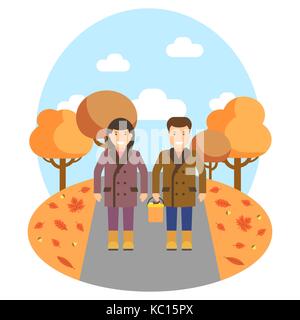Laub im Herbst Saison Vektor Bild. Ein Mann und eine womanis zu Fuß durch den Park in Laub bedeckt. Stock Vektor