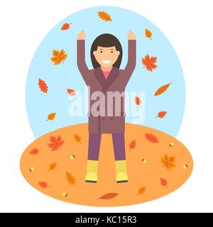 Laub im Herbst Saison Vektor Bild. Frau wirft die Blätter im Herbst. Stock Vektor