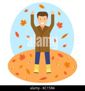 Laub im Herbst Saison Vektor Bild. Man wirft die Blätter im Herbst. Stock Vektor