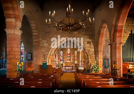 Die Pfarrkirche der Heiligen Maria der Jungfrau", die Teile von Lindisfarne Kloster von St Aidan in 635 ad gegründet, die heilige Insel, Northumberland. Stockfoto