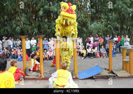 Saigon - Feb 03, 2014: Lion dancing auf Blume Säulen (Mai Hoa Thung) bei Tao Dan Park, Ho Chi Minh City, Vietnam am Neujahrsfest. Stockfoto