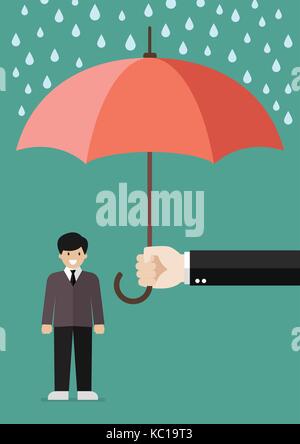 Hand mit einem Regenschirm schützen Geschäftsmann. Vector Illustration Stock Vektor